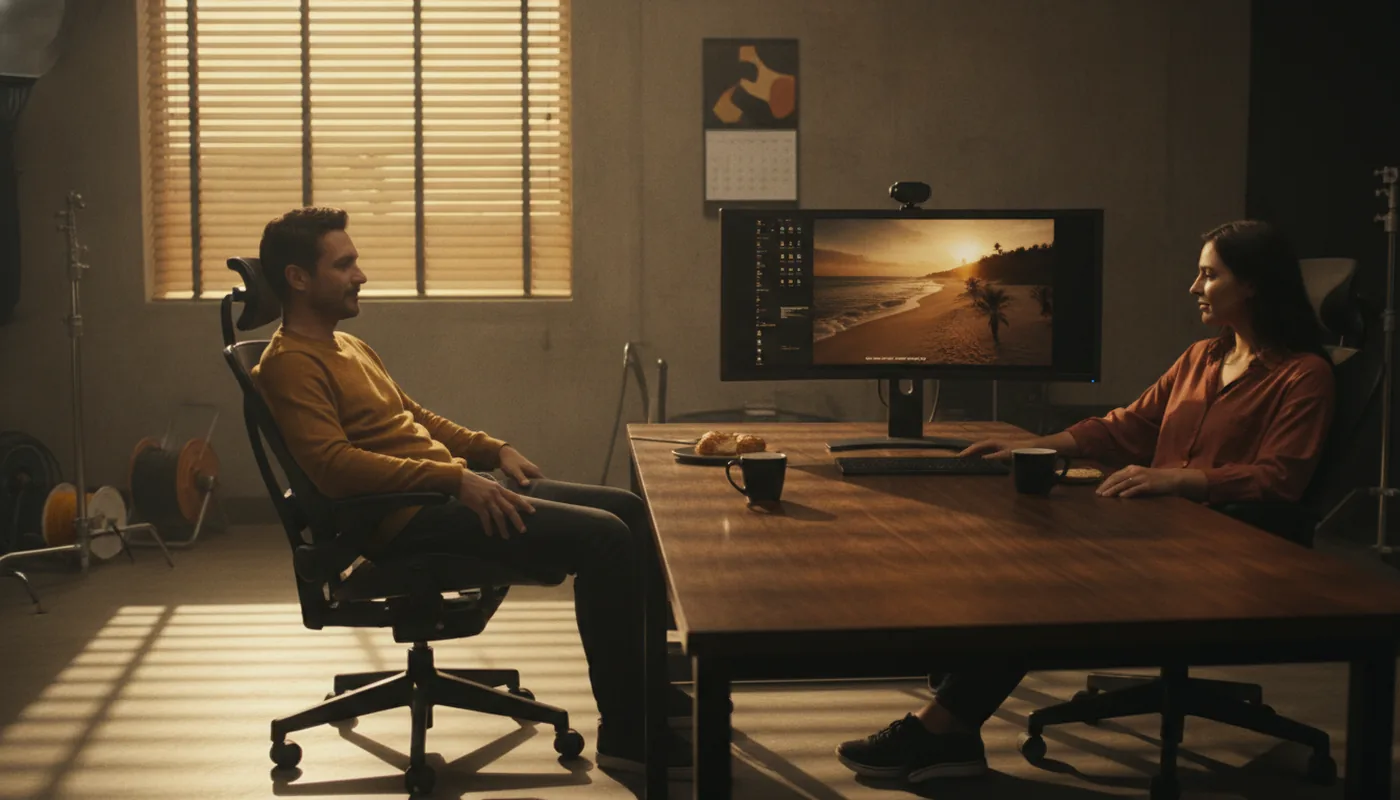 A director and an editor reviewing a commercial in a calm studio
