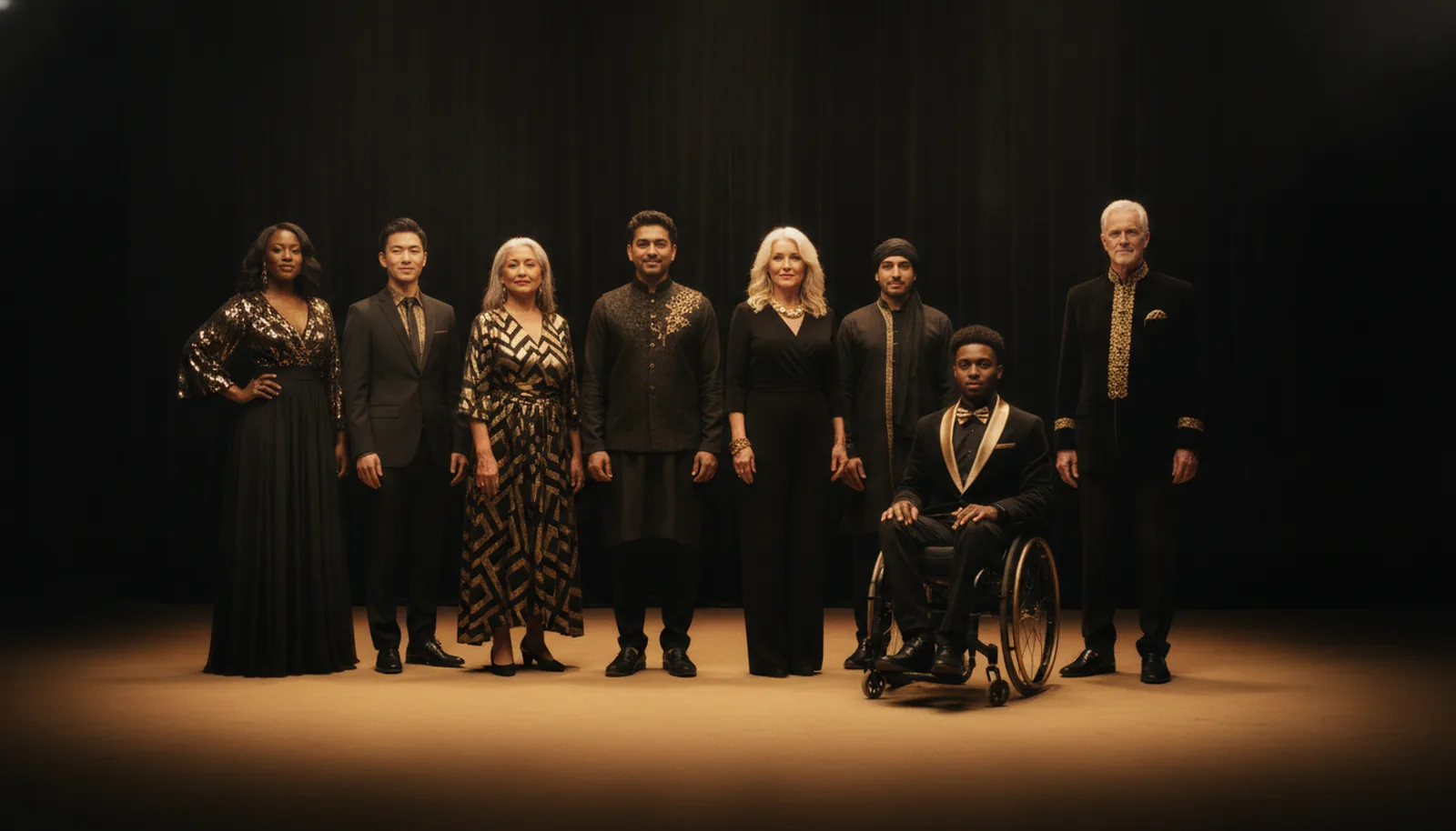 A diverse casting lineup on a dark stage