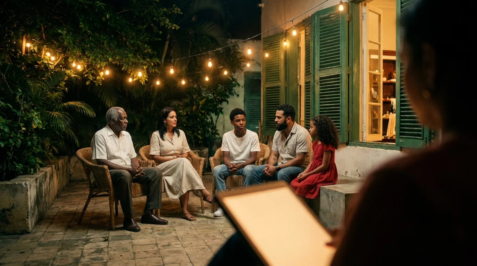 A diverse casting lineup on a dark stage