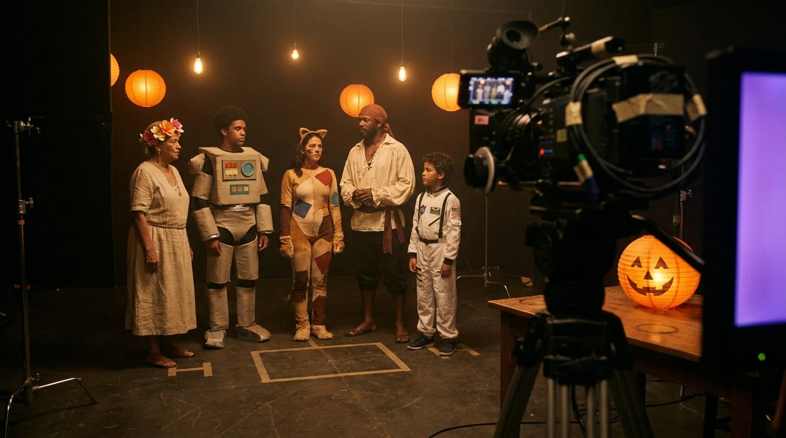 A diverse casting lineup on a dark stage