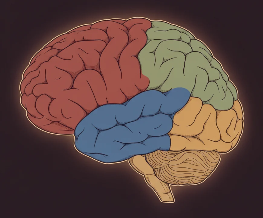 Lateral view of the human brain with the frontal, parietal, temporal and occipital lobes and the cerebellum tinted in distinct colours